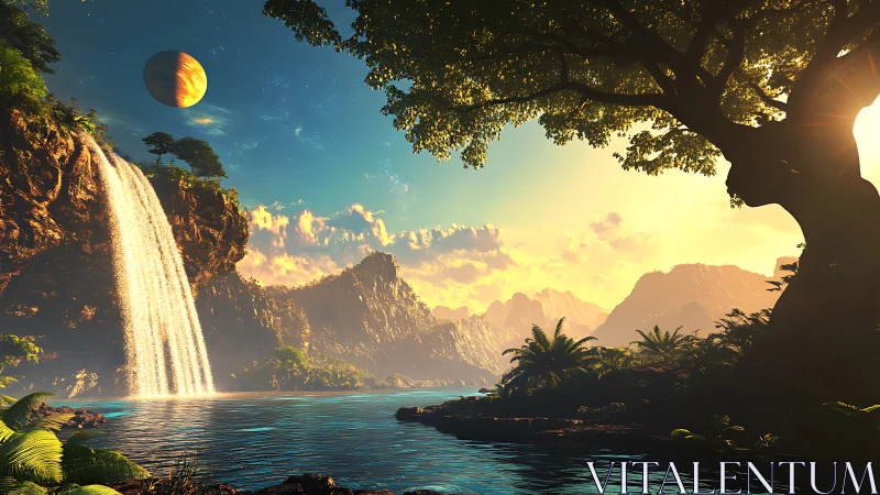 Alien jungle waterfall under planet-lit golden sunset sky.