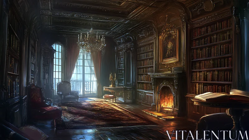 Firelit velvet library where old books quietly smolder.