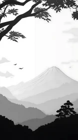 Monochrome mountain landscape under branching tree canopy.