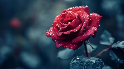 Photorealistic crimson rose macro with dewy petal detailing.