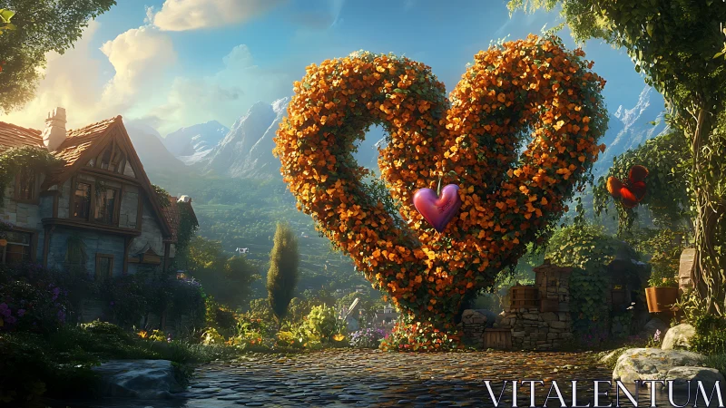Fantasy Alpine Architecture with Floral Heart Sculpture.