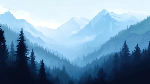 Misty blue mountains rise beyond layered pine forest