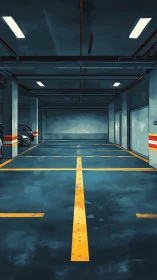 Underground parking bay with yellow guide lines and cool lighting.