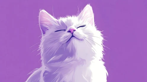Serene Feline Portrait with Closed Eyes Against Vibrant Purple Background.