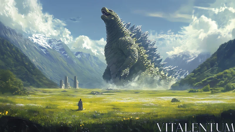 Gentle giant awakens in a sunlit valley of mist and awe.