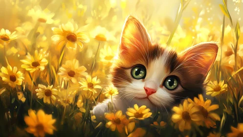 Kitten in Golden Daisy Field with Green Eyes.