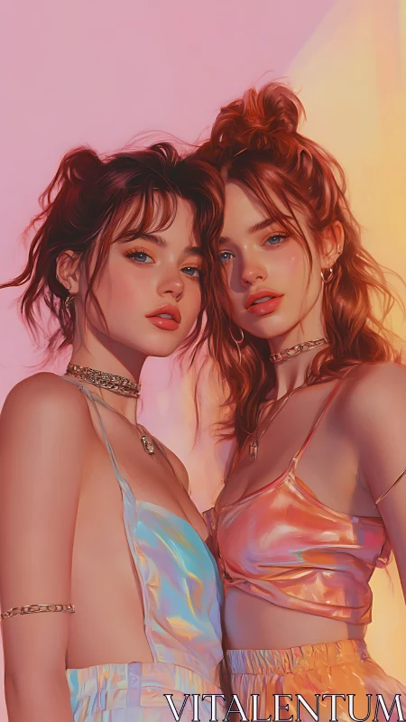 Two stylish young women in iridescent outfits at sunset.