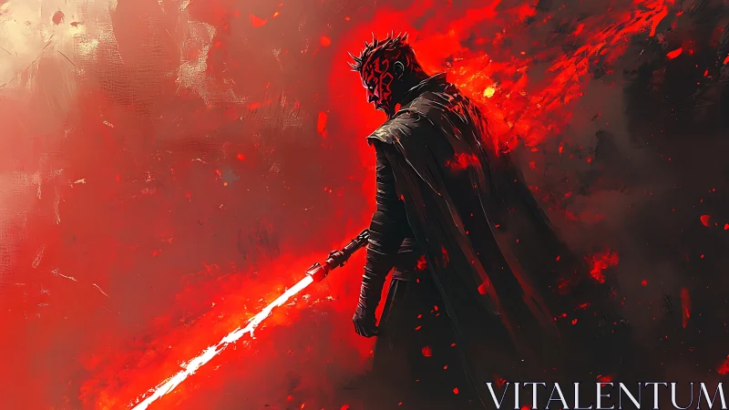 Dark warrior stands in glowing red embers of battle storm.