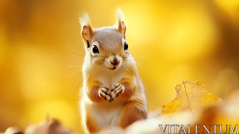 Small squirrel stands among autumn leaves in soft focus