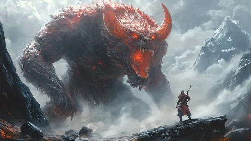 Fiery mountain demon meets a lone, brave wanderer