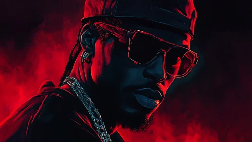 Portrait of rapper in red light with stylized shading.