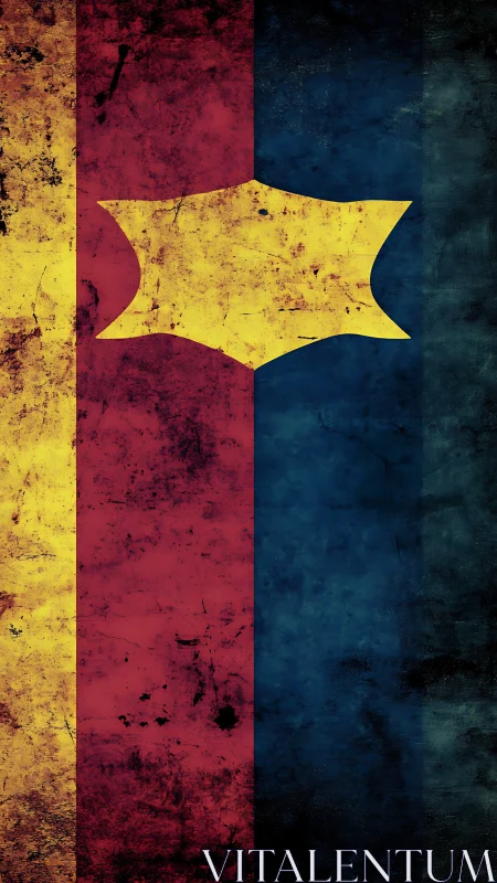 Grungy tricolor flag design with central yellow emblem.