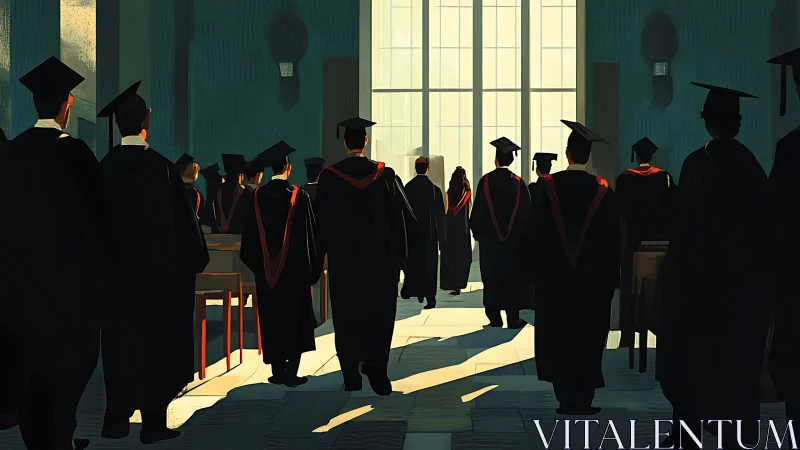Digital painting of graduates in sunlit ceremonial hall.