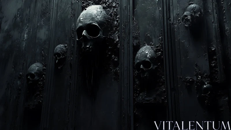 Shadows gather around solemn skulls emerging from a dark wall