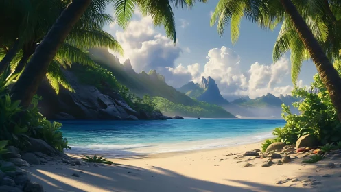 Emerald lagoon sanctuary framed by tropical palms and mountain peaks.