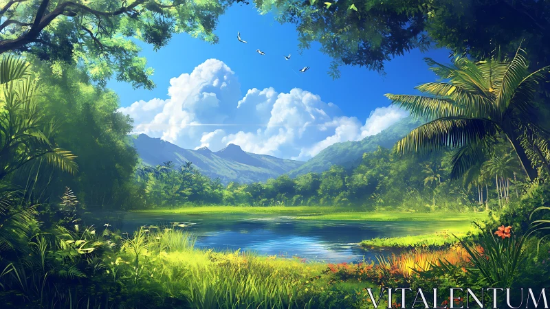 Tropical lake glows beneath towering clouds and ridges.