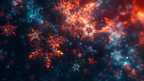 Bokeh fractal snowflakes in vivid cyan and orange glow.