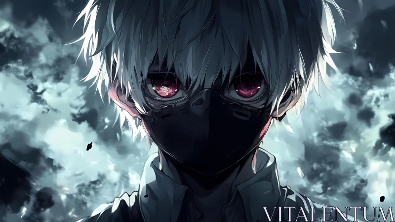 White haired masked anime figure with intense red eyes.