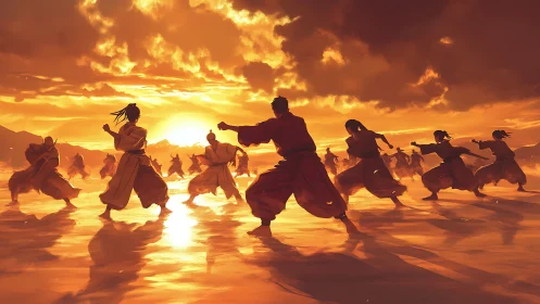 Martial artists train at sunset upon a shimmering shoreline