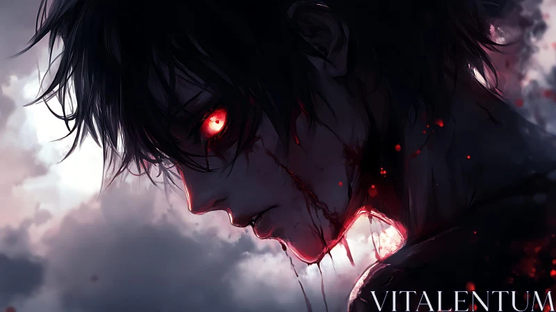 Backlit anime profile with luminous red eye and bleeding jawline