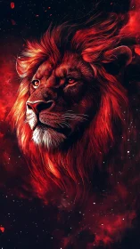 Crimson cosmic lion portrait rendered in dramatic digital chiaroscuro