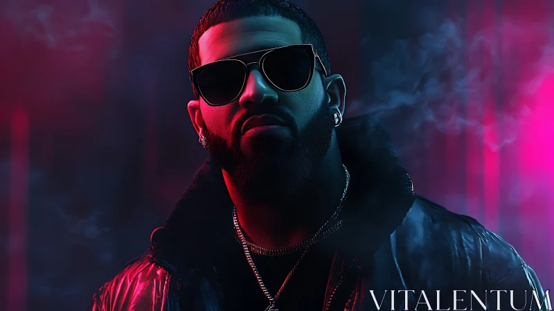 Neon-lit urban portrait with cinematic red teal rim lighting.