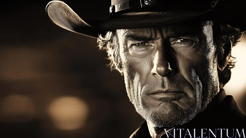 Weathered cowboy portrait in warm cinematic close-up.