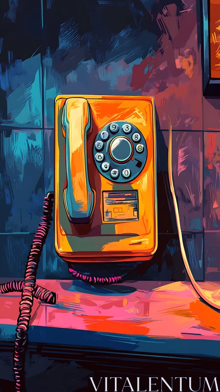 Chromatic rotary wall telephone under neon spectral lighting.