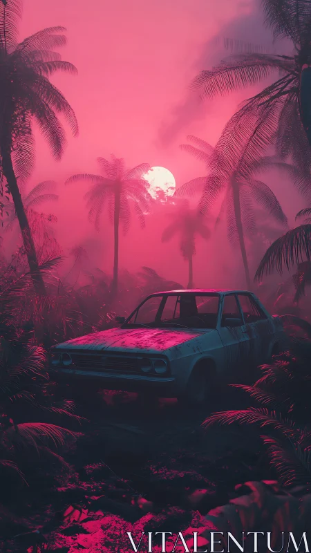 Abandoned sedan in dense tropical foliage at pink dusk.