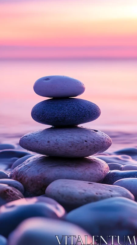 Twilight stone totem balancing in cotton-candy horizons.