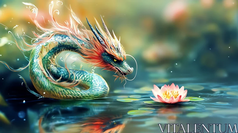 Serpentine water dragon gazes softly at a glowing lotus bloom