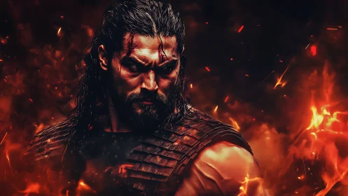 Armored warrior emerges from infernal blaze in dramatic portrait