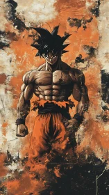 Battle-scarred warrior ignites amid blazing abstract storm.