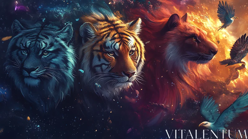 Three Majestic Big Cats Against Cosmic Fire and Stars