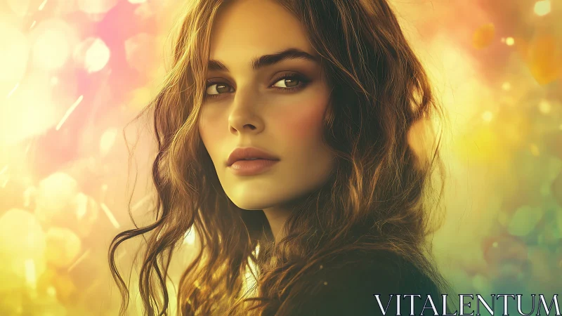 Golden bokeh portrait highlights luminous flowing hair.