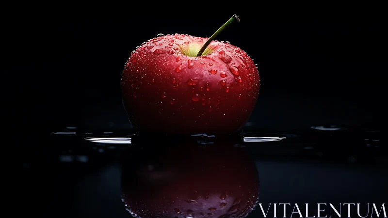 Red apple macro still life with water droplets on black.