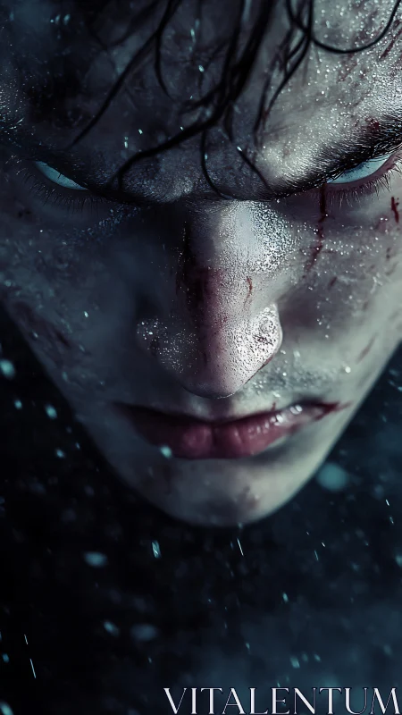 Frost‑covered face in extreme close‑up with cinematic specular lighting