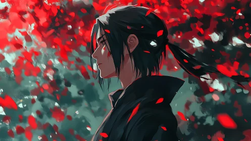 Anime profile portrait amid abstract crimson petal field.