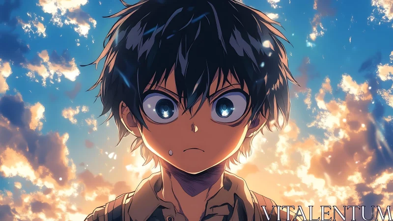 Anime boy stares ahead against bright cloud-filled sunset sky