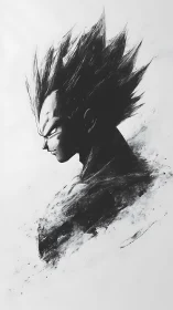 Monochrome ink portrait of spiked hair anime warrior profile