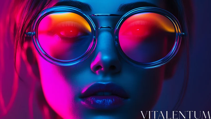 Neon lit portrait shows reflective glasses over calm face