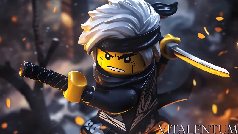Lego ninja warrior brandishes glowing katana in battle