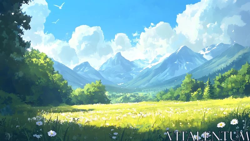 Sunlit wildflower meadow opens toward distant blue mountains