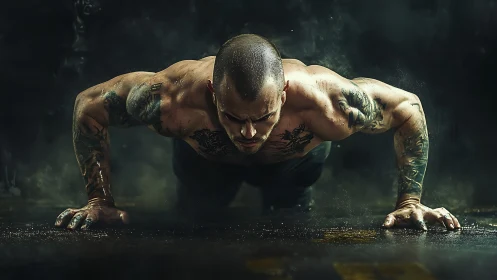 Muscular tattooed man holds low pushup on wet gym floor