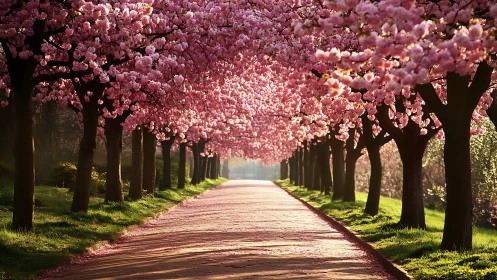 Cherry blossom avenue glows under warm sunrise light.