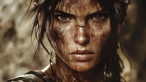 Battle-worn female adventurer close-up, cinematic grit portrait