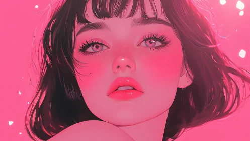 Pink-lit digital portrait shows dreamy gaze and soft glow
