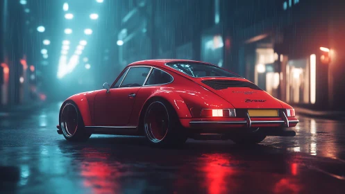 Crimson classic prowls a neon-soaked rainlit city streetscape.