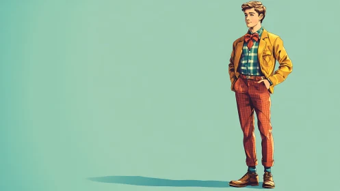 Digital painting of stylish man on minimalist teal ground.