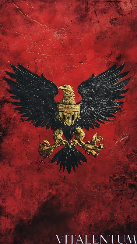 Heraldic black eagle emblem on distressed crimson field.